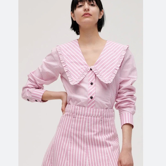Ganni Tops - GANNI cotton white pink striped button down top blouse, size US 6